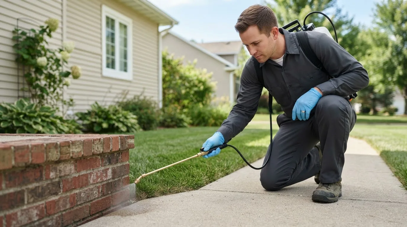 Pest control technician treating a home near Portland, OR